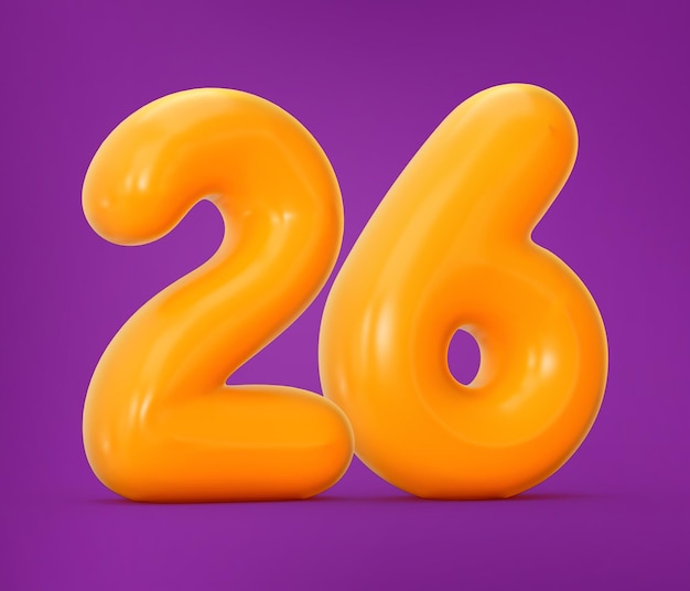Фото Глянцевое оранжевое желе номер 26 или двадцать шесть, изолированное на фиолетовом цвете с теневой 3d иллюстрацией