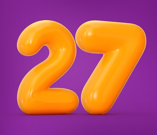 Glossy orange jelly number 27 or twenty seven isolated on purple with shadow 3d illustration