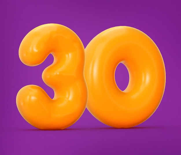 Фото Глянцевое оранжевое желе номер 30 или тридцать изолировано на фиолетовом фоне с теневой 3d иллюстрацией