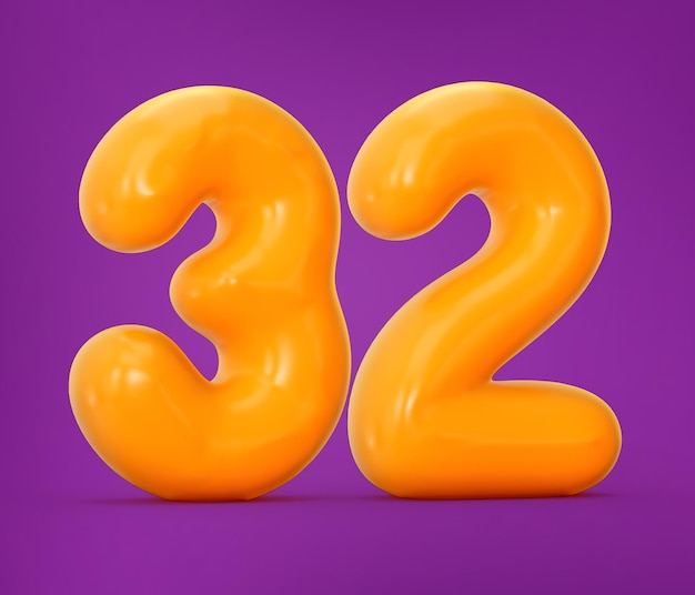 Photo glossy orange jelly number 32 or thirty two isolated on purple with shadow 3d illustration
