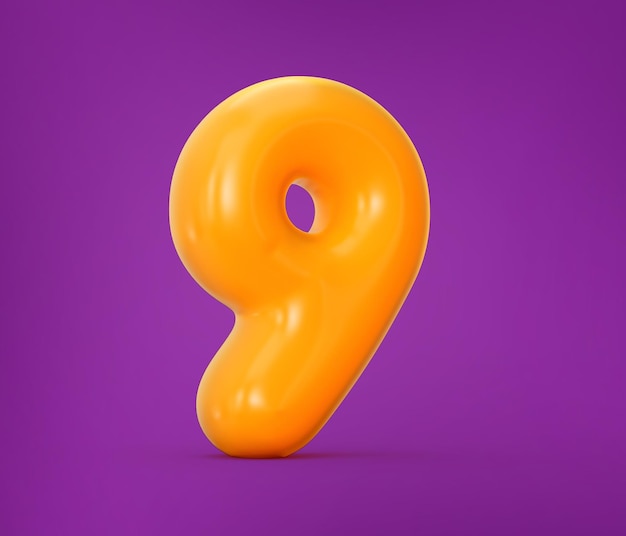 Glossy orange jelly number 9 or nine isolated on purple background with shadow 3d illustration