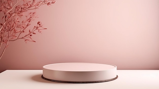 디자인을 위한 복사 공간이 있는 흰색 테이블 위에 광택이 나는 파스텔 핑크 크림 둥근 연단