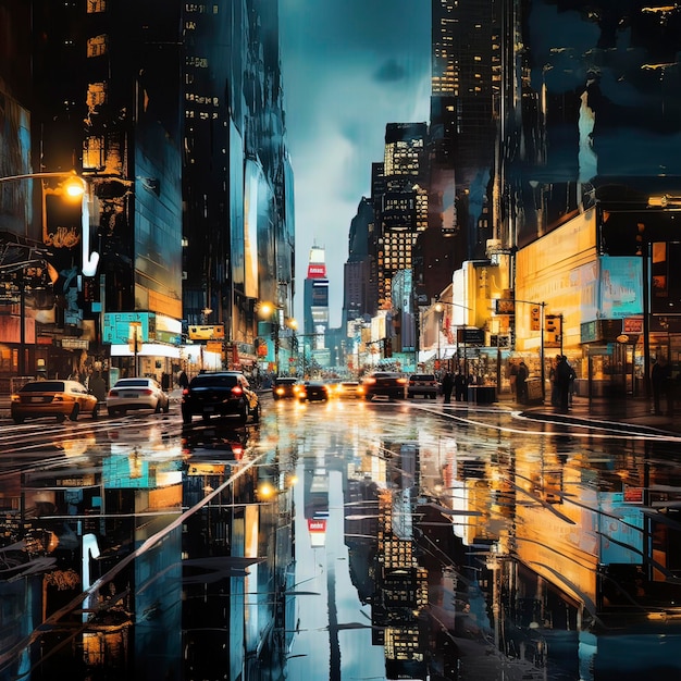 輝く雨の夜の都市風景 ジェネレーティブ・アイ