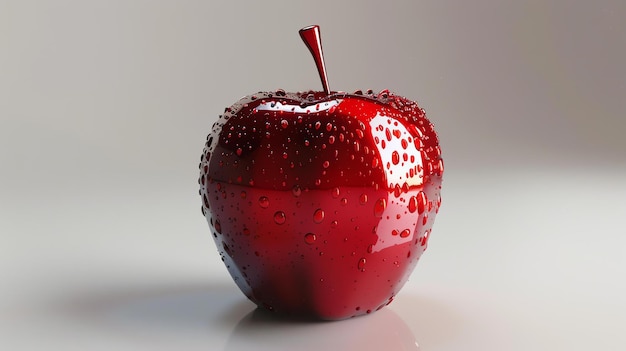 Photo a glossy red apple with water droplets on its skin the apple is sitting on a white surface the background is a light gray gradient