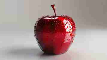 Photo a glossy red apple with water droplets on its skin the apple is sitting on a white surface the background is a light gray gradient