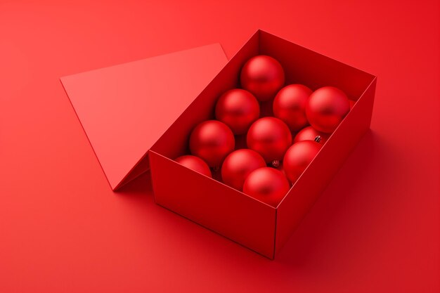 Glossy red Christmas ornaments in a box with an open lid on a seamless red background