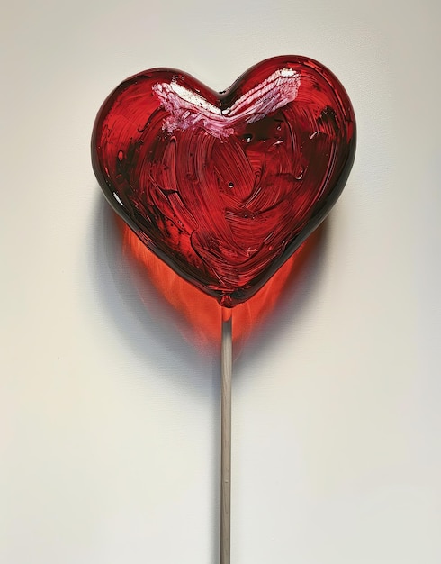 Glossy Red Heart Lollipop on White