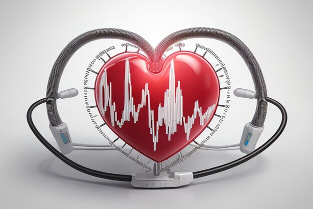 의료 개념에 대한 파란색 및 흰색 분자 배경에 흰색 하트비트 펄스가 있는 광택 있는 붉은 심장