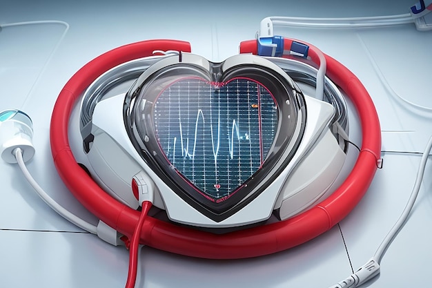 의료 개념에 대한 파란색 및 흰색 분자 배경에 흰색 하트비트 펄스가 있는 광택 있는 붉은 심장
