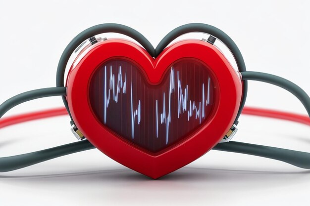 Photo glossy red heart with white heartbeat pulse on blue and white molecules background for medical concept