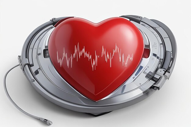 Glossy red heart with white heartbeat pulse on blue and white molecules background for medical concept