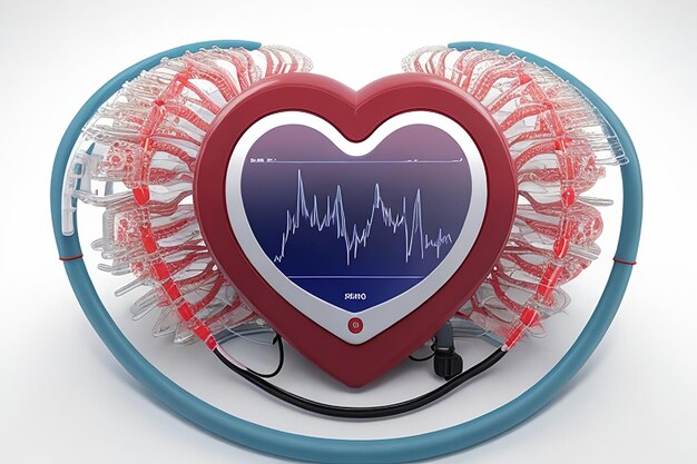 Foto cuore rosso lucido con impulso di battito cardiaco bianco su sfondo di molecole blu e bianche per concetto medico