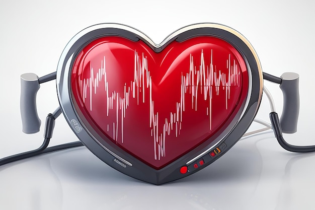 Foto cuore rosso lucido con impulso di battito cardiaco bianco su sfondo di molecole blu e bianche per concetto medico
