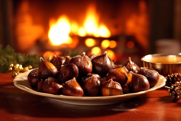 glossy roasted chestnuts against a cozy fireplace Christmas stockings enhancing the holiday mood