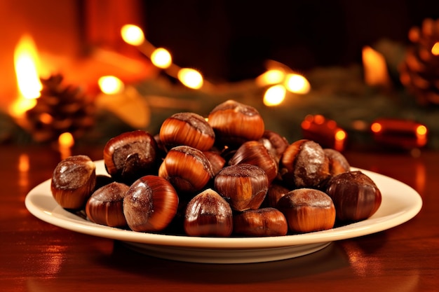 glossy roasted chestnuts against a cozy fireplace Christmas stockings enhancing the holiday mood