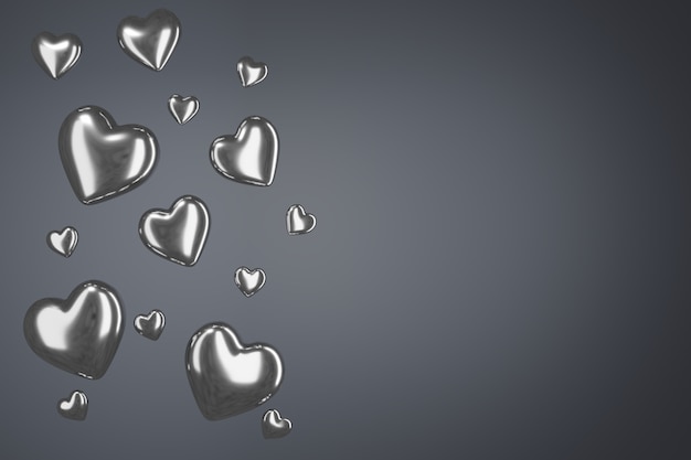 Фото Глянцевые серебряные сердца на сером фоне пастельных.