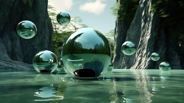 Glossy Spheres Reflecting Lush Forest and Calm Waters