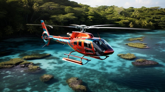 観光の景色を望む光沢のある青緑とサンゴのヘリコプター
