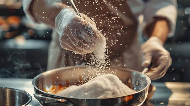 Photo gloveclad hands sprinkle sugar into a pan creating a cascading effect