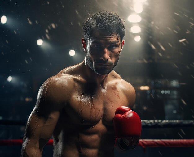 Photo gloved boxer in smokelit ring without shirt