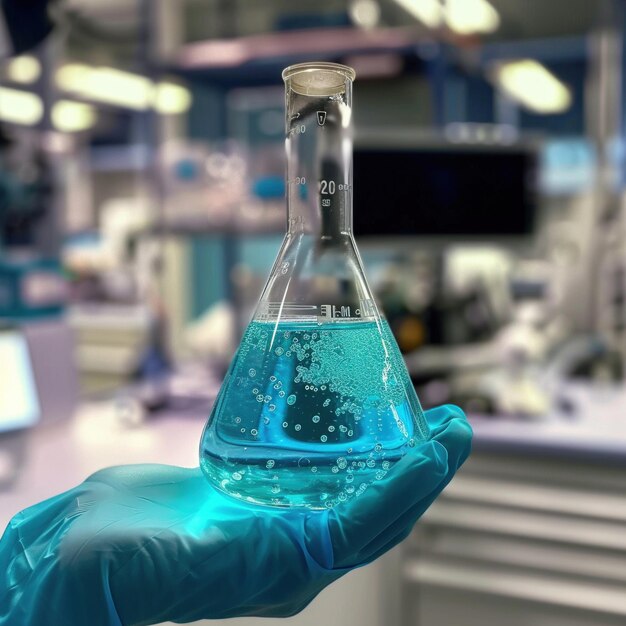 A gloved hand holds a flask containing a bubbling blue liquid in a modern laboratory