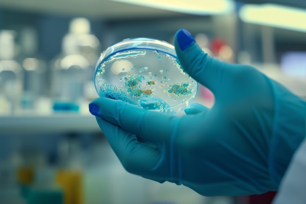 A gloved hand holds a petri dish with a bacterial culture An agar plate full of microbacteria and microorganisms