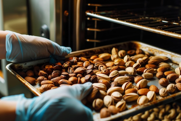 Photo gloved hands pulling a tray of roasted nuts from an oven