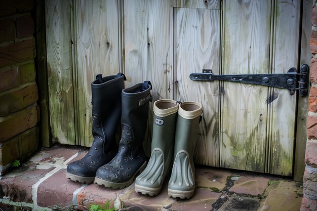 Photo gloves and wellies set by a garden shed door