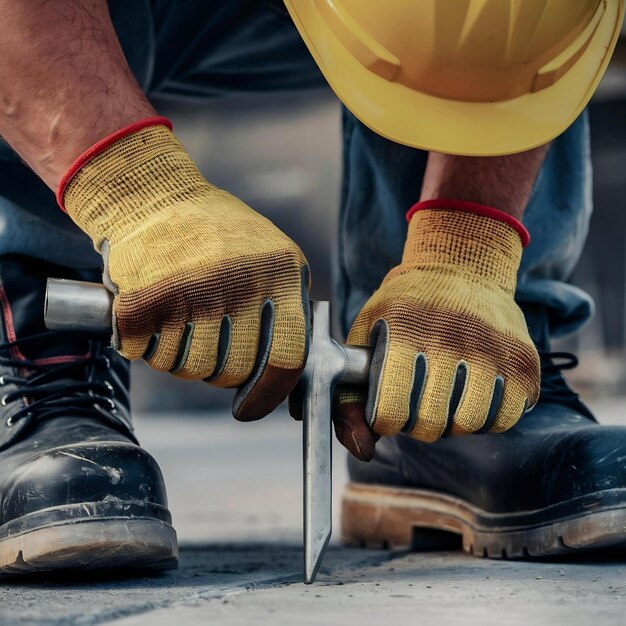 Photo gloves yellow helmet working boots