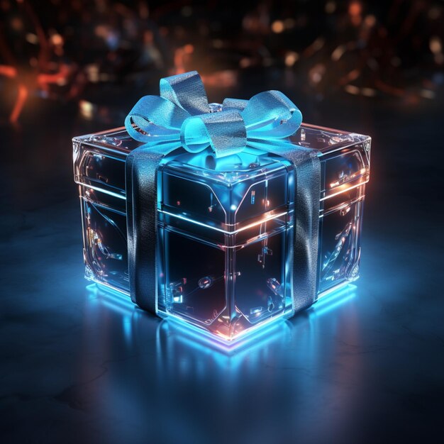 glow blue lit up 3D gift box with rendered image in the style of technological fusion