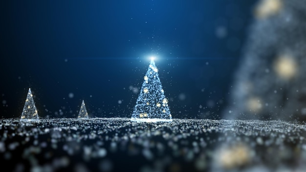 Glow blue particles glittering christmas tree lights motion graphic and fireworks background.