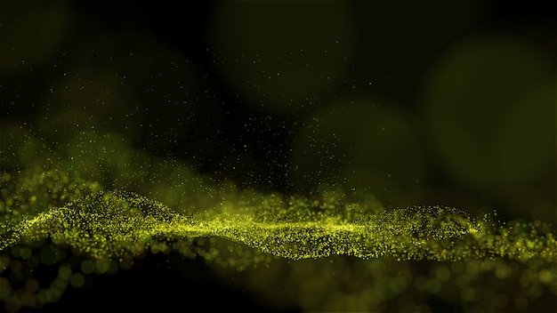 Glow green yellow dust particle glitter sparks abstract background for celebration with light beam and shine in center.