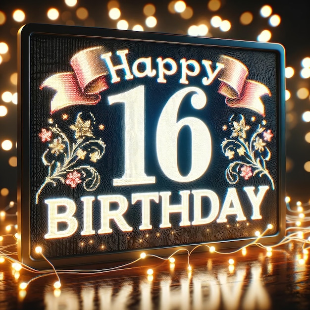 Glowing 16th Birthday Greeting on Digital Display