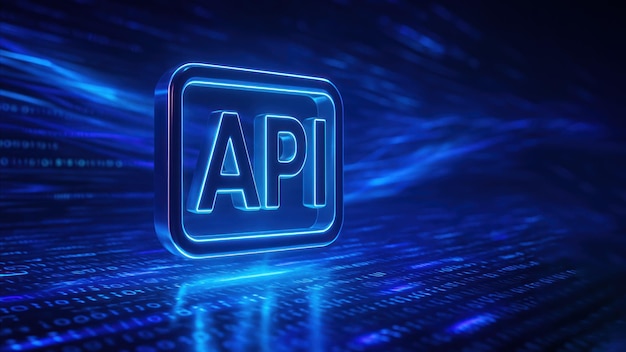 A glowing 3d api icon floats amidst data streams and binary code illustrating api programming and application programming interface in a futuristic tech environment