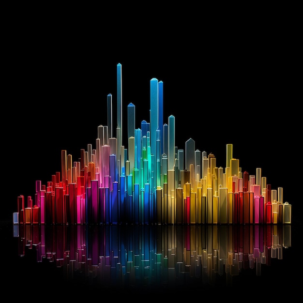 指数関数的な成長を表す輝く 3D 棒グラフの都市景観
