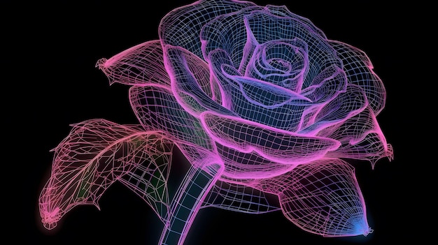 Светящаяся 3D-роза на черном фоне, полупрозрачная, меланхоличная и богато украшенная мягким светом и неоновым Vray