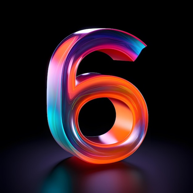 Glowing abstract colourful neon number 6 on black background 3d rendered illustration