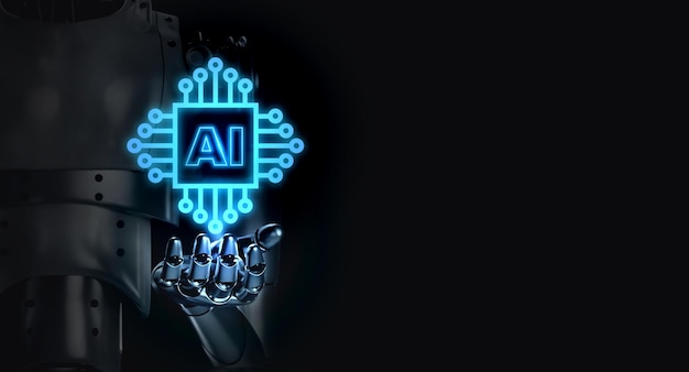 Glowing AI digital computer chip touching by 3d rendering robot hand on dark background with copy space Artificial intelligence system processor microprocessor for data service automate technology