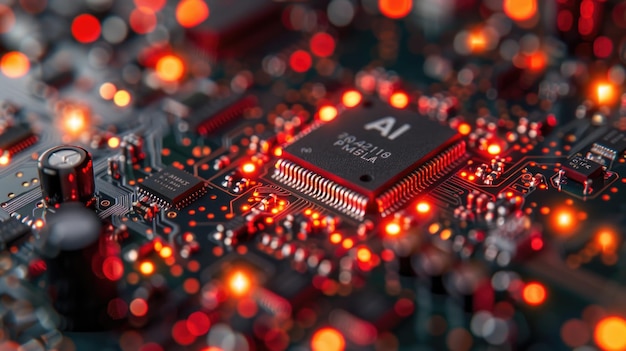 Glowing AI motherboard chip artificial intelligence CPU chip AI written on chip blurred background