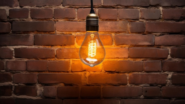 glowing antique light bulb illuminates brick wall