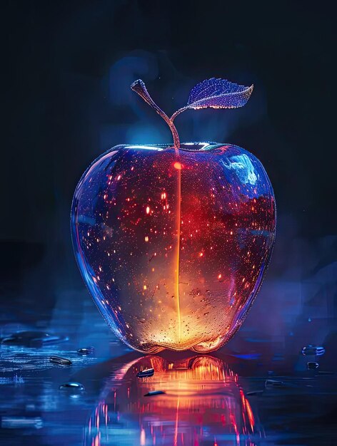 A glowing apple with a leaf sticking out of it