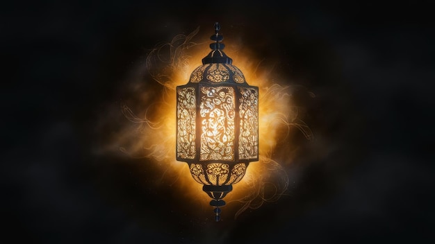 a glowing arabic lantern against a black background