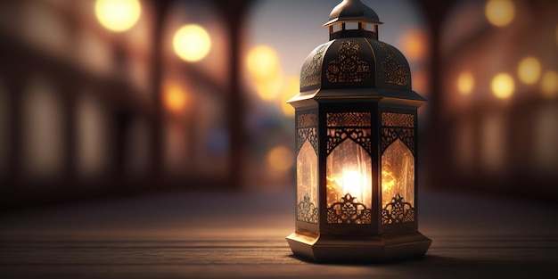 glowing arabic lantern on wooden floor with blurred bokeh mosque background