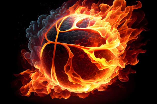 Photo a glowing ball burning on fire in orange flames giving off heat and smoke for competitive basketball a visual representation of the madness and excitement of the game ai generative