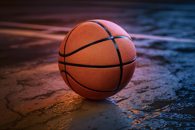 Foto glowing basketbal op natte vloer en 3d court close-up