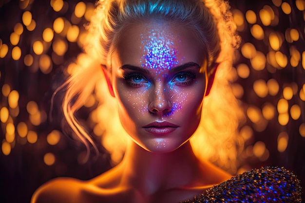 Glowing beautiful face with glittering make up on girl in hyper realistic