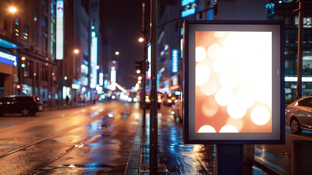 Photo a glowing billboard at night in the city with blurred traffic lights in the background