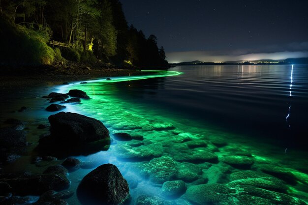 Glowing bioluminescent plankton illuminating a dark shoreline