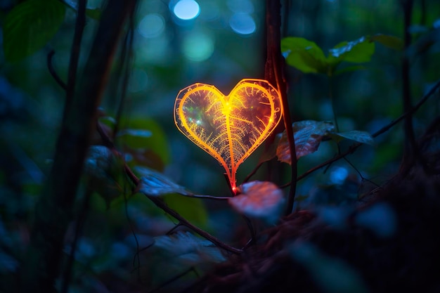神秘的な森の中で人間の心臓の形をした光る生物発光植物 生成AI