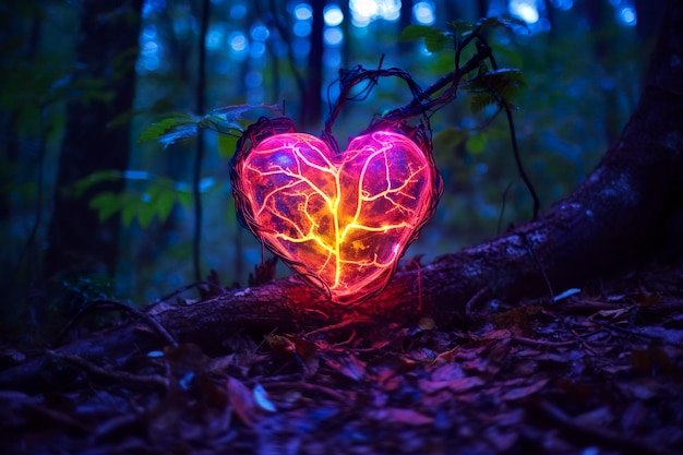 Светящееся биолюминесцентное растение в форме человеческого сердца в таинственном лесу Генеративный ИИ